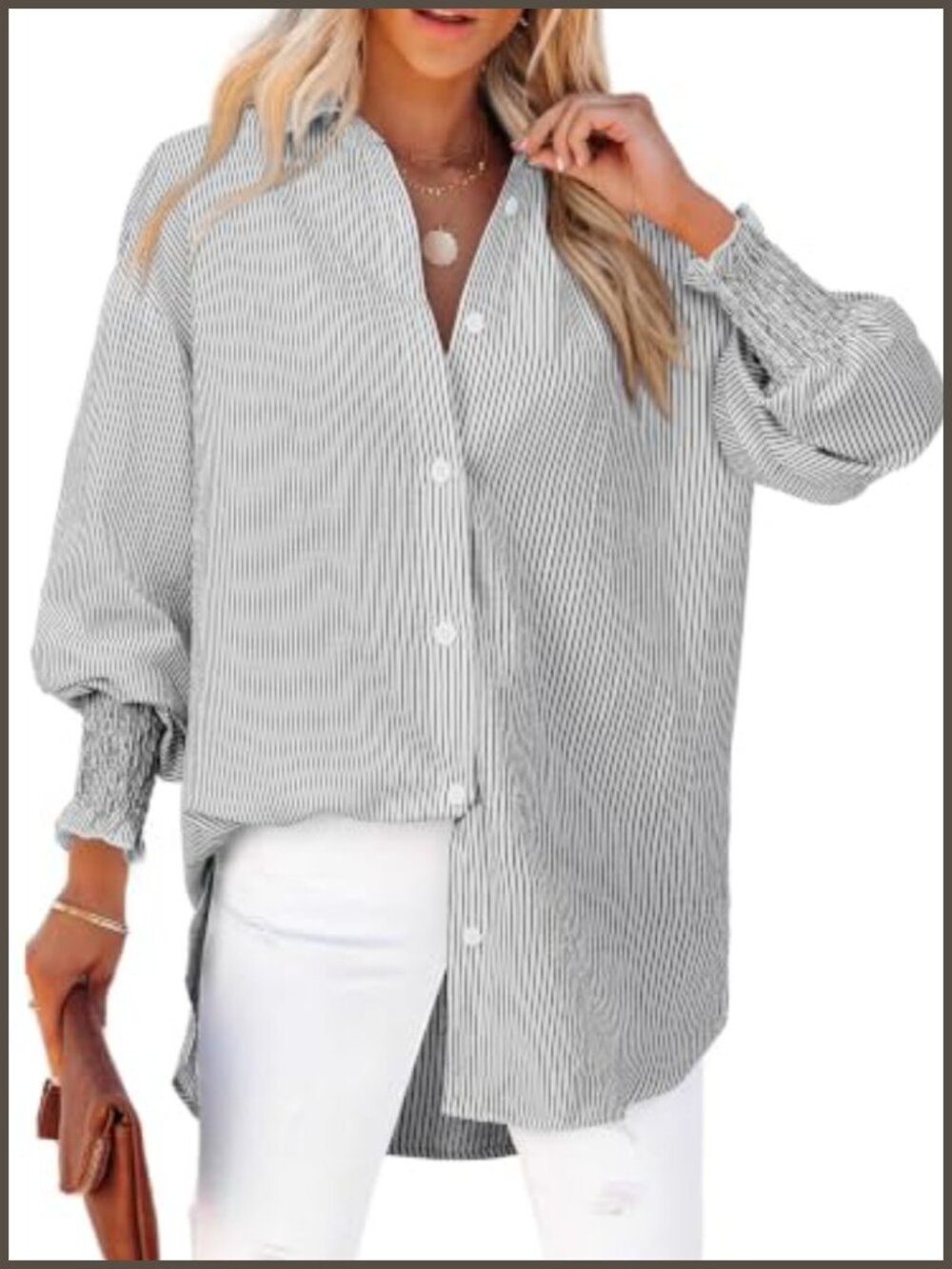 Striped Button Down Shirt Long Sleeve Smocked Cuffed Oversized Blouse